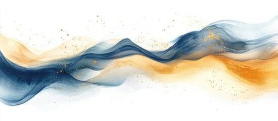 Leinwandbilder - Geometric wave design in soft navy blue and golden orange hues creates a dynamic and ethereal effect on a white background.