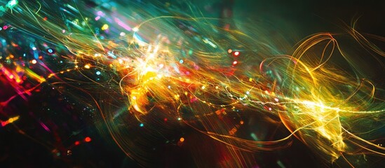 Poster - Vibrant abstract light trails in hues of yellow, green, and blue swirl dynamically on a dark background, creating a mesmerizing visual effect