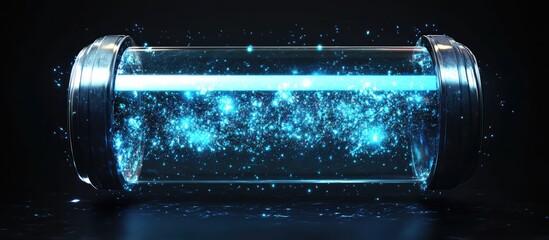 Aufkleber - Abstract metallic cylinder with blue light leaks on a dark background surrounded by luminous particles creating depth and dimension in a captivating scene