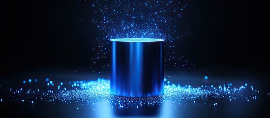 Poster - Abstract metallic cylinder illuminated by blue light leaks surrounded by shimmering particles creating a captivating depth effect against a dark background