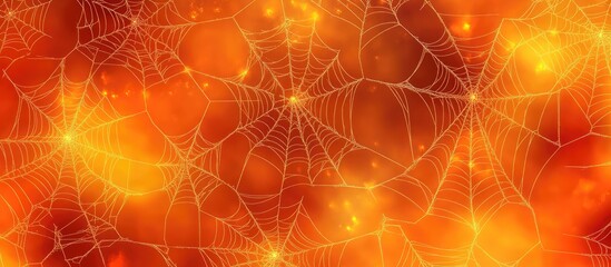 Poster - Vibrant orange and golden abstract spider web patterns with blurred circular bokeh background creating a captivating visual texture and aesthetic appeal