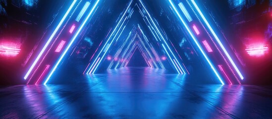 Poster - Futuristic illuminated tunnel with vibrant blue and pink neon lights creating a symmetrical triangular pattern on glossy floor surfaces.