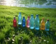 © Prasert - Colorful plastic bottles of water scattered on a green grassy field, eco hazard, outdoor scene, dirty environment