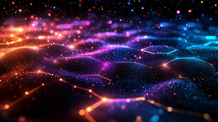 Wall Mural - a dark background with colorful hexagons and light