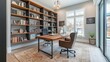 © Intach - A contemporary home office featuring a minimalist bookshelf with open shelves, showcasing a clean and organized workspace with a touch of elegance.