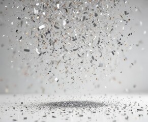 Wall Mural - Dazzling silver confetti scattered on a pristine white background with shimmering particles suspended in mid-air , luminous, vibrant