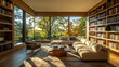 © Intach - A cozy home library featuring custom built-in shelves, soft seating, and expansive views, creating a peaceful and inspiring place to work or read.