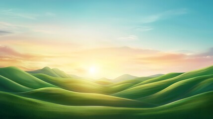 Poster - A breathtaking panoramic view of rolling green hills under a vibrant sunrise. The serene landscape evokes a sense of tranquility and natural beauty.