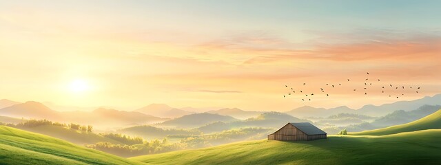 Poster - A breathtaking pastoral landscape featuring rolling green hills, a rustic barn, and grazing cattle under a golden sunset, embodying tranquility and natural beauty.