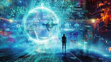 A Silhouette Stands Before A Futuristic Digital Interface