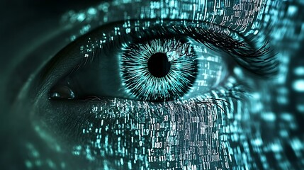 Digital Eye: A Close-Up of a Human Eye Overlaid with Binary Code