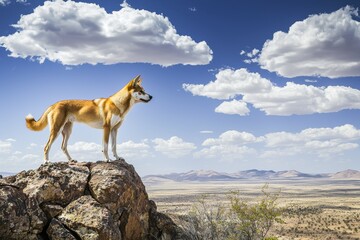 Wall Mural -  dingo standing alert on a rocky outcrop, surveying the vast expanse of the Australian desert.