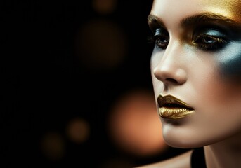 Stunning model with gold and blue makeup, showcasing artistic beauty