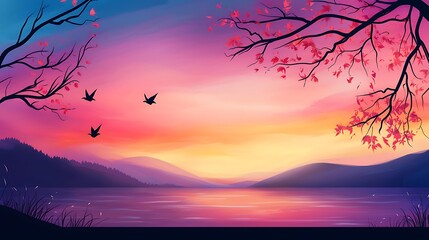 Poster - A breathtaking sunset illuminates the sky and water, casting vibrant colors over silhouettes of trees, evoking feelings of tranquility and peace in nature.