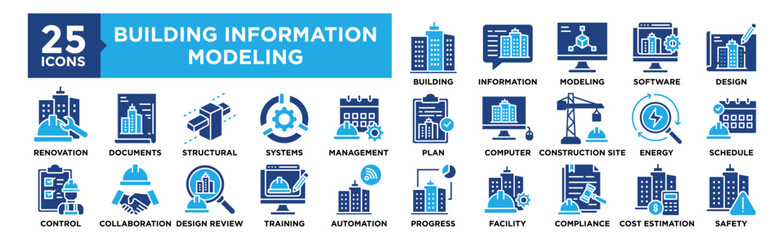 building information modeling icon collection set. containing design, information, development, cons
