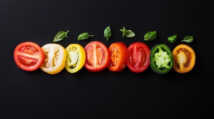 Fototapete - Colorful Slices of Fresh Tomatoes on Black Surface with Basil Leaves
