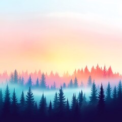 Wall Mural - A breathtaking view of a misty forest at sunrise, showcasing beautiful silhouettes of trees against a colorful sky. The scene evokes tranquility and natural beauty.