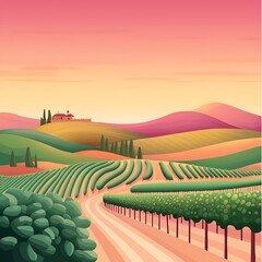 Wall Mural - A breathtaking view of a vineyard at sunset, showcasing rows of lush grapevines against rolling hills. The serene landscape embodies tranquility and natural beauty.