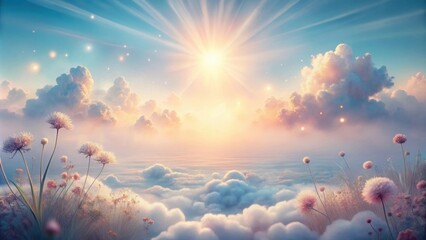 Wall Mural - Ethereal Sunrise Above a Sea of Clouds, Adorned with Delicate Wildflowers and Glowing Celestial Dust