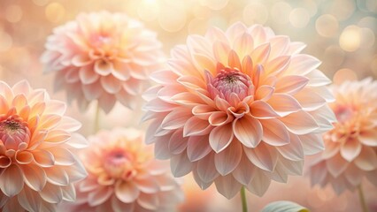 Wall Mural - Close-up view of delicate peach dahlia blossoms, bathed in soft, ethereal light, creating a serene and tranquil floral scene.