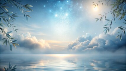 Wall Mural - Serene Waterscape A Dreamlike Celestial Scene with Tranquil Clouds and Serene Branches Reflecting in Peaceful Water