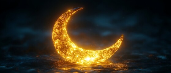 Wall Mural - fiery crescent moon on dark water.