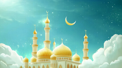 Wall Mural - Eid Mubarak banner background, mosque motif with golden domes and minarets under a bright blue sky, decorated with crescent moon and stars, Ai generated images