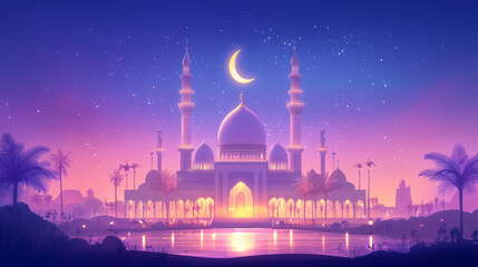 Wall Mural - Eid Mubarak banner background, view of a magnificent mosque with domes sparkling under the light of the crescent moon, decorated with small lights and palm trees, Ai generated images