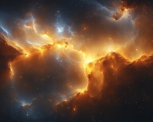 fiery cosmic nebula with glowing gas clouds and stars.