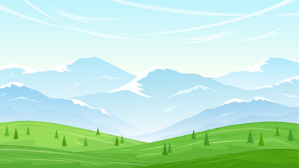 Wall Mural - picturesque mountain scene. gentle mountain ranges with snow and a green valley with fir trees. sunn