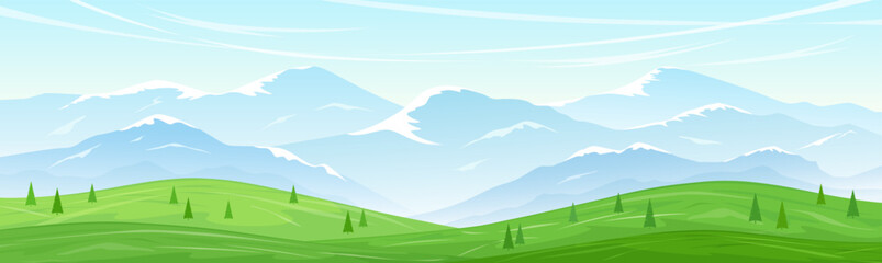 Wall Mural - wide banner with a mountain landscape. view of green hills with trees and high mountains. the concep