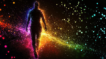 Wall Mural - glowing human figure surrounded by colorful particles in dark background