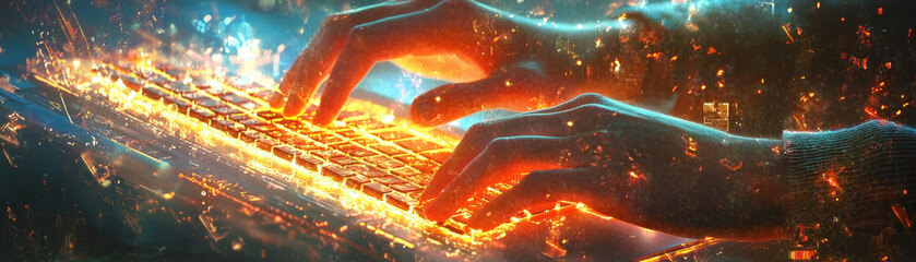 Wall Mural - glowing keyboard with hands typing, creating vibrant digital atmosphere