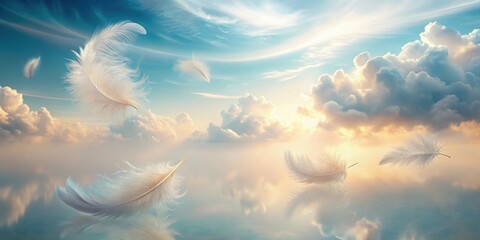 Wall Mural - Ethereal White Feathers Drifting Gracefully Across a Serene Sunset Sky Reflected on a Calm Surface