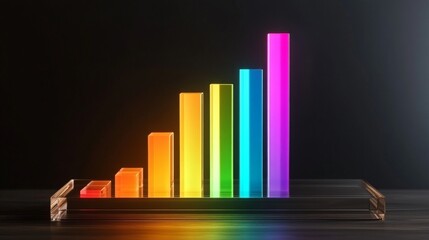 Poster - D bar graph with vibrant colors, arranged in ascending order on a transparent glass base, with soft ambient lighting