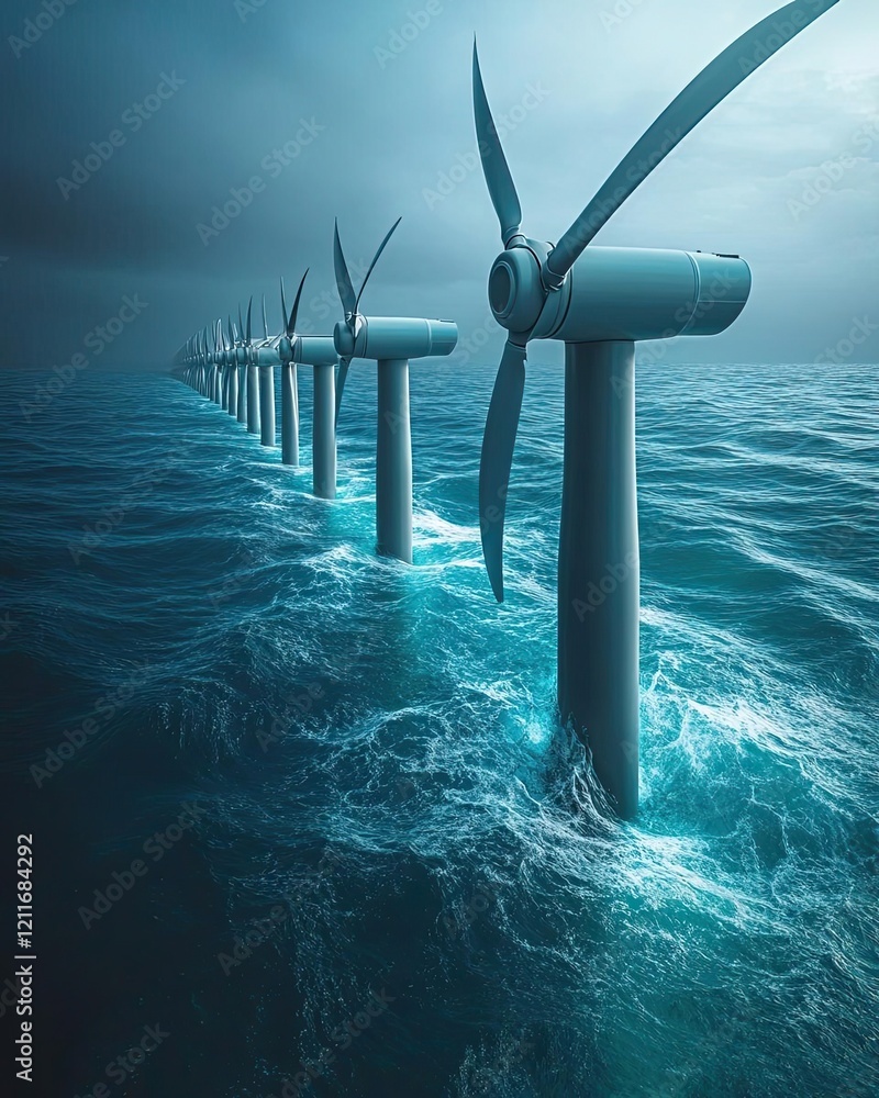 Stylized underwater view of tidal turbines in motion, the dynamic flow ...