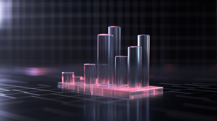 Leinwandbilder - A D bar graph with transparent glass-like bars rising to different heights, representing financial growth on a dark, futuristic grid.