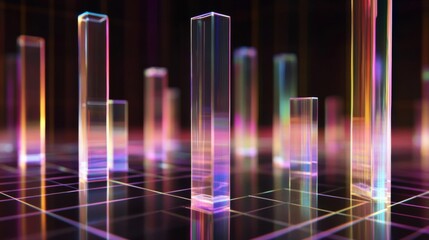Poster - A D bar graph with transparent glass-like bars rising to different heights, representing financial growth on a dark, futuristic grid.