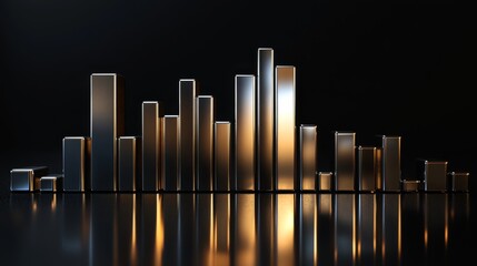 Poster - A D financial bar graph with metallic bars, representing revenue comparison between different companies, placed on a reflective surface with a sleek black background.