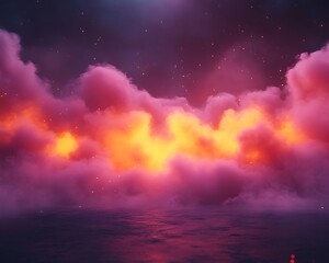 Wall Mural - glowing pink and orange clouds over dark water.