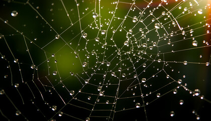 Delicate Spider Web Adorned with Dew Drops Bathed in the Soft Morning Sunlight