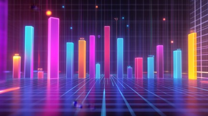 Poster - A colorful D bar graph rising on a grid background, with glowing bars representing data growth, and labels indicating different statistics.