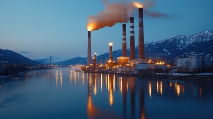 Fototapete - A coal-fired power plant and hydroelectric facilities at night.