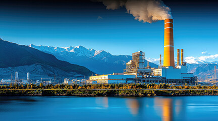 Fototapete - A coal-fired power plant and hydroelectric facilities at night.