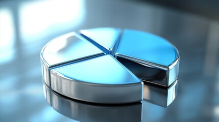 Poster - A corporate D pie chart with glossy silver and blue segments, with one slice slightly pulled out to highlight its significance, displayed on a reflective surface.