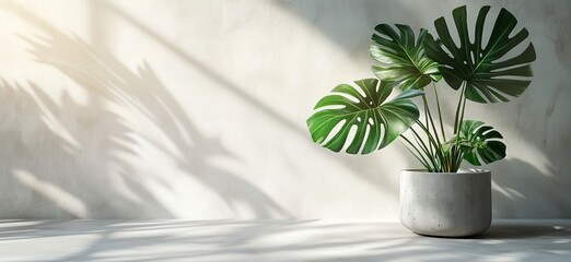 Wall Mural - Indoor plant display with monstera leaves casting shadows on a textured wall