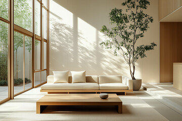 A modern minimalist living room with sleek furniture and neutral tones, featuring a Scandinavian-style sofa, a wooden coffee table, and a single large indoor plant in a bright