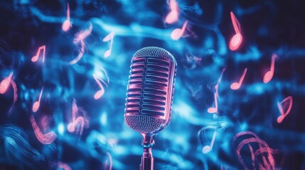 Poster - A creative representation of a microphone surrounded by sound waves and musical notes, visually illustrating the art of sound and music creation