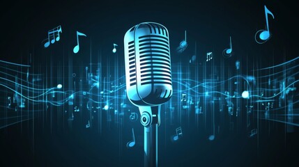 Poster - A creative representation of a microphone surrounded by sound waves and musical notes, visually illustrating the art of sound and music creation