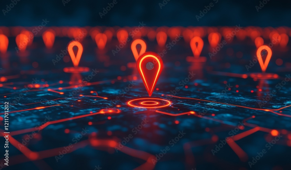 Glowing red location pins on a digital map. Stock Photo | Adobe Stock